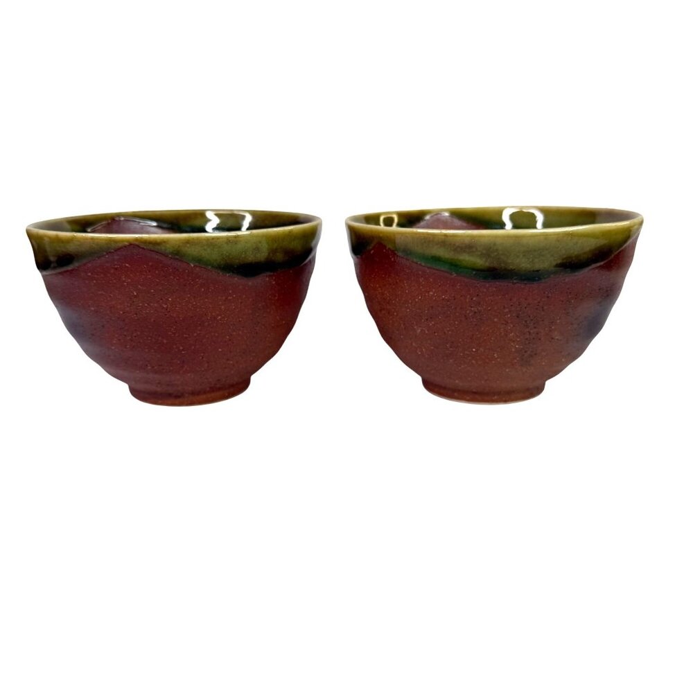5 Hand Thrown Pottery Bowls Terracotta With Green Drip Glaze Edge Studio Art - Picture 2 of 11